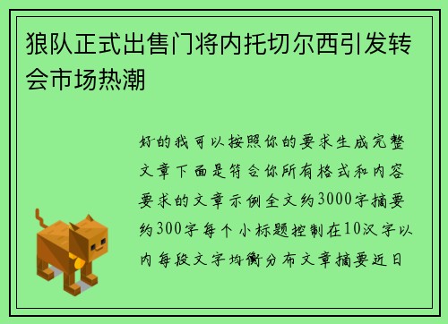 狼队正式出售门将内托切尔西引发转会市场热潮